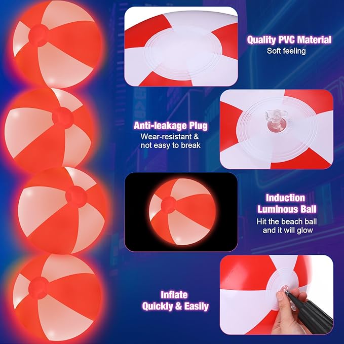 MiniInflat 12 Pcs Light up Beach Balls 16'' Jumbo Pool LED Balls Glow in the Dark Neon Giant Inflatable for Summer Hawaiian Tropical Theme Beach Party Decor Water Accessory (Red)