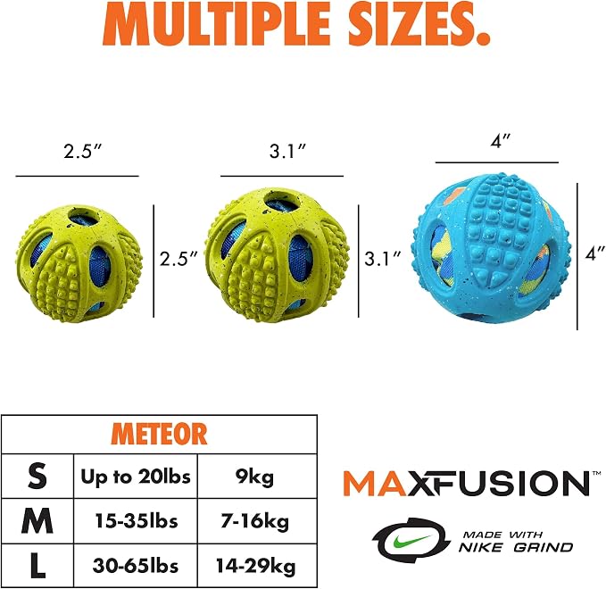 Max Fusion Made with Nike Grind, Arlee Meteor Ball Dog Toy, Toys for All Dogs, Durable & Natural Rubber Chew Toy for Play, Fetch & Chewing, Medium, Blue, 1 Count