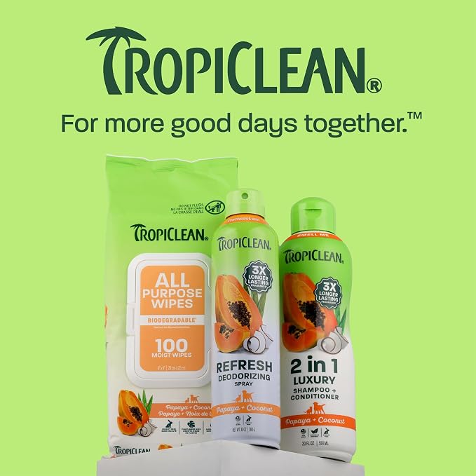 TropiClean Dog Grooming Kit, Papaya Pamper Pack (2-in-1 Dog Shampoo and Conditioner 20oz, Dog Perfume 12oz, Dog Wipes 100ct)