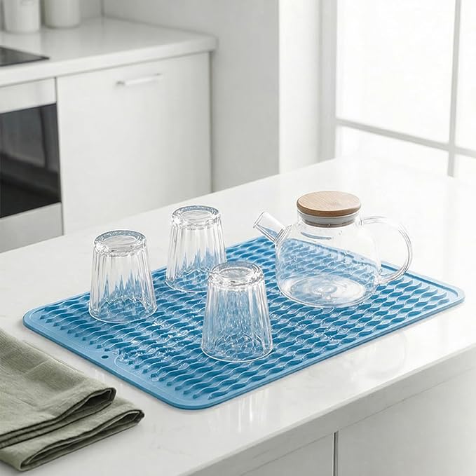 MicoYang Silicone Dish Drying Mat — Quick-Dry Ridges Counter & Sink Pad, Heat-Resistant Trivet to 450°F, Non-Slip & Dishwasher Safe, Roll-Up Storage, 18 Colors & 9 Sizes (Light Blue, 16"×12")