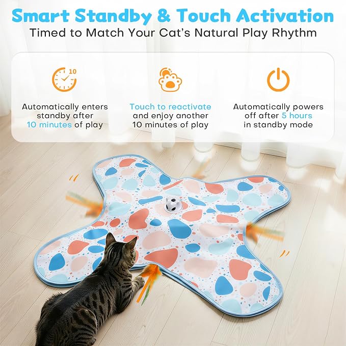 Interactive Cat Toys, Hide and Seek Cat Toy, 2 in 1 Automatic Moving Concealed Feathers for Indoor Cats, Non-Slip Suction, Touch Activated, USB Rechargeable, Blue