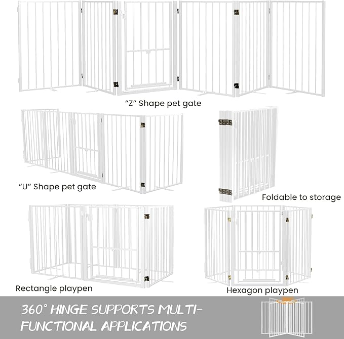 Full Metal Freestanding Dog Gate with Cat Door for Outdoor & Indoor,34" Tall Foldable Pet Fence,60" Extra Wide Free Standing Dog Gate for RV Camping,Stairs,Hallways,Doorways,Deck,Yard (3 Panels,White)