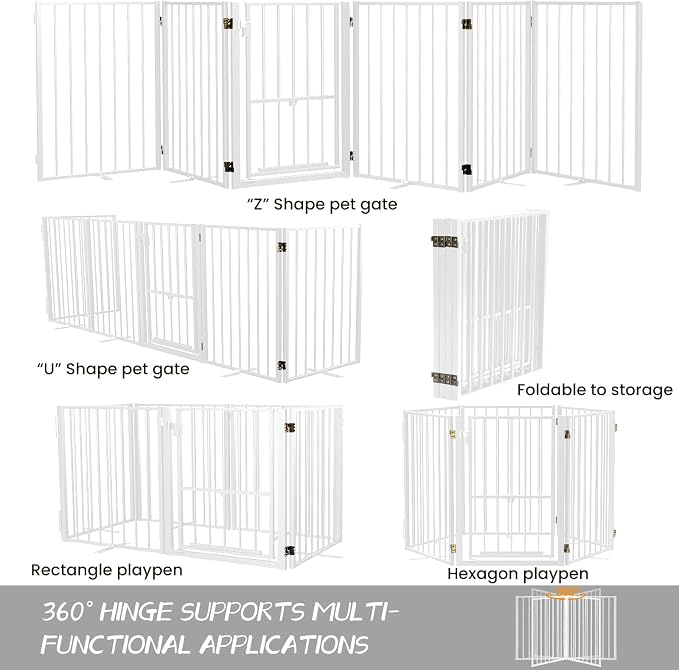 Full Metal Freestanding Dog Gate with Cat Door for Outdoor & Indoor,34" Tall Foldable Pet Fence,40" Extra Wide Free Standing Dog Gate for RV Camping,Stairs,Hallways,Doorways,Deck,Yard (2 Panels,White)