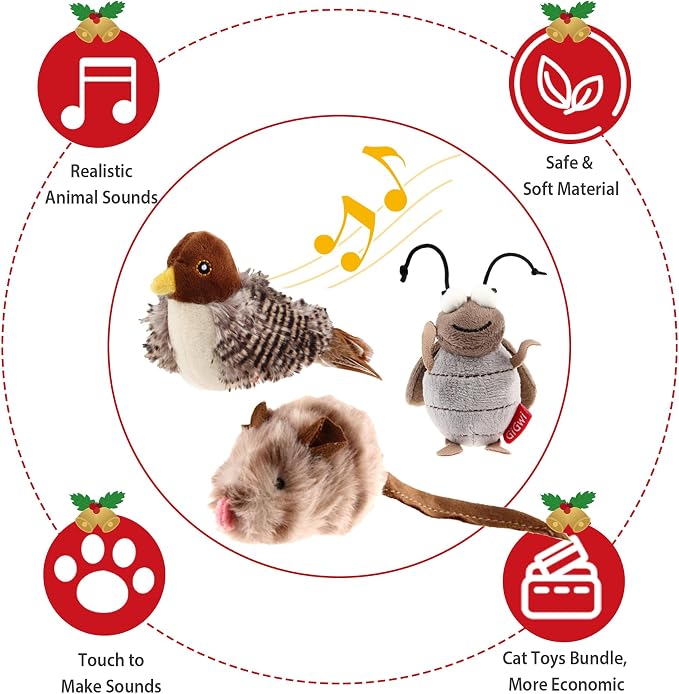 Gigwi Automatic Cat Toys Pack - Interactive Electronic Plush Toys with Bird/Cricket/Mouse Sounds for Indoor Cats to Play Alone and Squeak, 3 Pcs