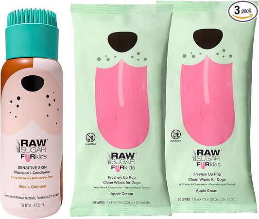 Raw Sugar 2-in-1 Dog Shampoo and Conditioner (Aloe & Oatmeal, 16 Fl Oz) & Dog Wipes, 2 Pack (60 Apple Cream Pet Wipes) Fur Kids Sensitive Coat Kit, Vegan & Cruelty-Free Puppy Essentials