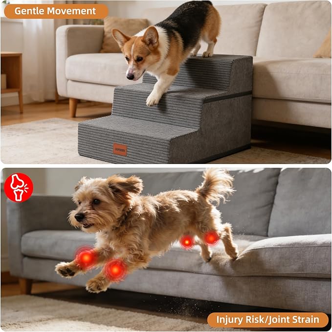 Dog Stairs for Small Dogs, 13.5" H, 3-Step Pet Steps for Bed Couch Sofa and Chair, Non-Slip Balanced Pet Ramp for Injured & Senior Pets with Washable Cover and Durable High Density Foam, Grey