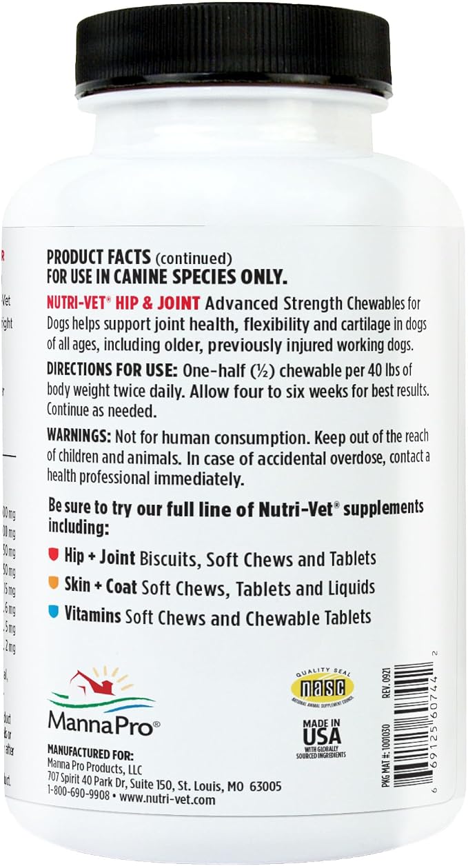 Nutri-Vet Advanced Strength Hip & Joint Supplement for Dogs, Puppy Supplements, Dog Joint Supplement, Contains 500mg of Glucosamine, 400mg of Chondroitin, 50mg of MSM, Puppy Essentials, 300 Tablets