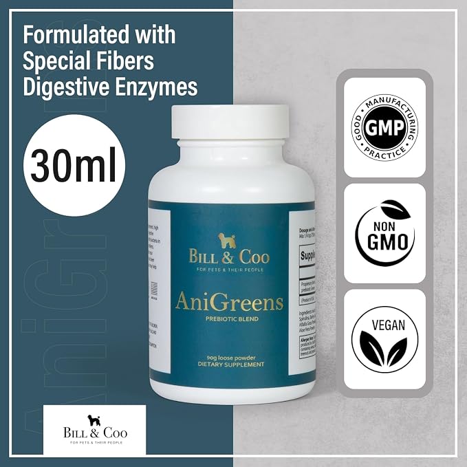 BILL & COO Anigreens Probiotics for Dogs & Cats Powder - Digestive Enzymes with Prebiotics, Superfoods & Special Fibers for Gut Health, Diarrhea Relief & Immune Support - Made in USA, 90g
