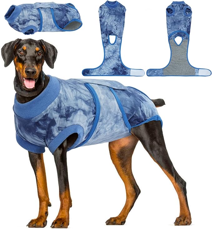 Kuoser Dog Surgery Recovery Suit, Anti Licking Surgical Suit for Dogs Male Neuter, Soft Dog Surgery Suit Female Spay Subsititute E-Collar Cone, Doggie Body Suits After Surgery Blue Tie Dye L