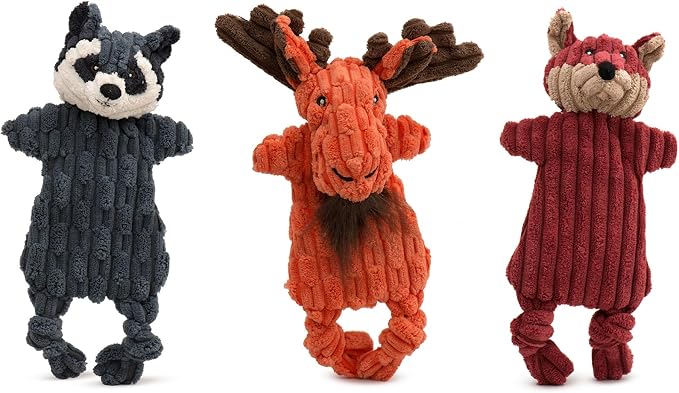 HuggleHounds Flatties - Dog Plush Toys to Keep Them Busy, Squeaky Crinkle Pet Toy for Small, Medium, & Large Dogs, Durable Stuffed Animal, Fox, Moose, & Raccoon - 3-Pack Woodland HuggleFlatties, Small