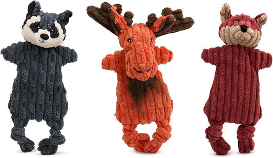 HuggleHounds Flatties - Dog Plush Toys to Keep Them Busy, Squeaky Crinkle Pet Toy for Small, Medium, & Large Dogs, Durable Stuffed Animal, Fox, Moose, & Raccoon - 3-Pack Woodland HuggleFlatties, Small
