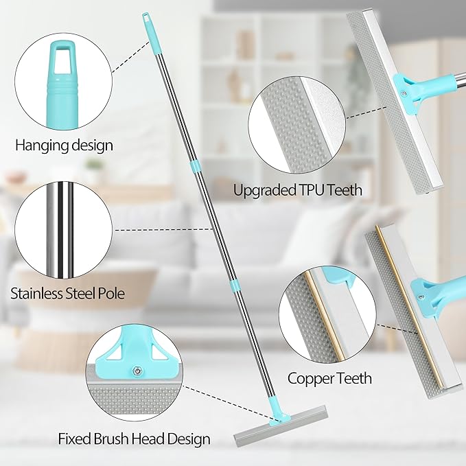Carpet Rake for Pet Hair Removal Tool, 2 in 1 TPU and Copper Rake Teeth, Dual-Action Hair Remover with 54’’ Adjustable Long Handle, Reusable Cat & Dog Fur Broom for Carpets,Rugs, Mats,Car