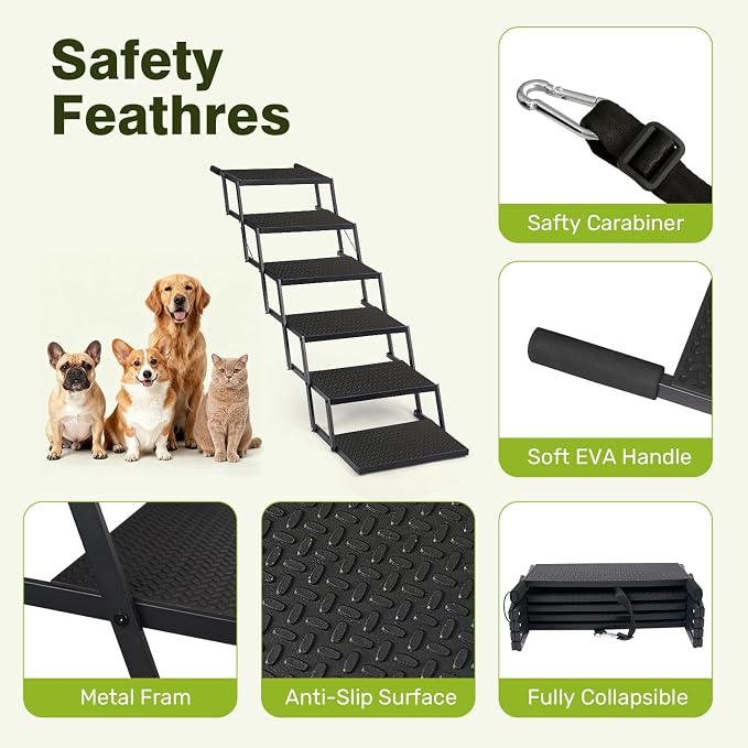 Foldable Dog Car Steps - Upgraded Non-Slip Pet Stairs for Large Dogs, Portable Metal Frame Dog Ramps for High SUV, Truck and Cars, Lightweight Pet Ladder with High Load-Bearing Capacity (6 Steps)