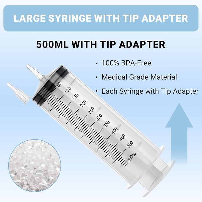 500ml Large Syringe, Plastic Syringe with Tip Adapter, for Thick Liquids for Scientific Labs, Measuring, Watering, Refilling, Filtration Multiple Uses, Individual Sealed