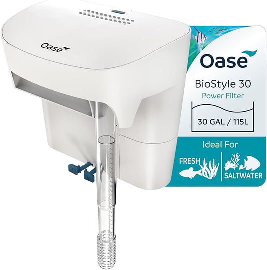 OASE BioStyle Power Filter for Aquariums up to 30 gallons, Multi-stage Filtration, Easy Maintenance, Quiet Hang on Back Filter, White