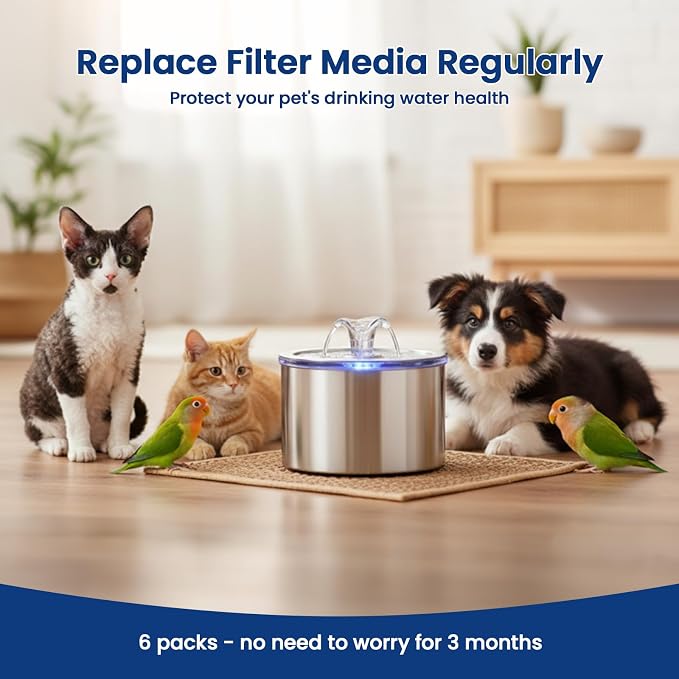 Cat Fountain Replacement Filter, 6 Pack Filters with 6 Pump Sponges for 2.2L/74oz Cat Water Fountain, Multi-Stage Filtration Pet Water Dispenser Filter, Flower Pet Fountain Filter