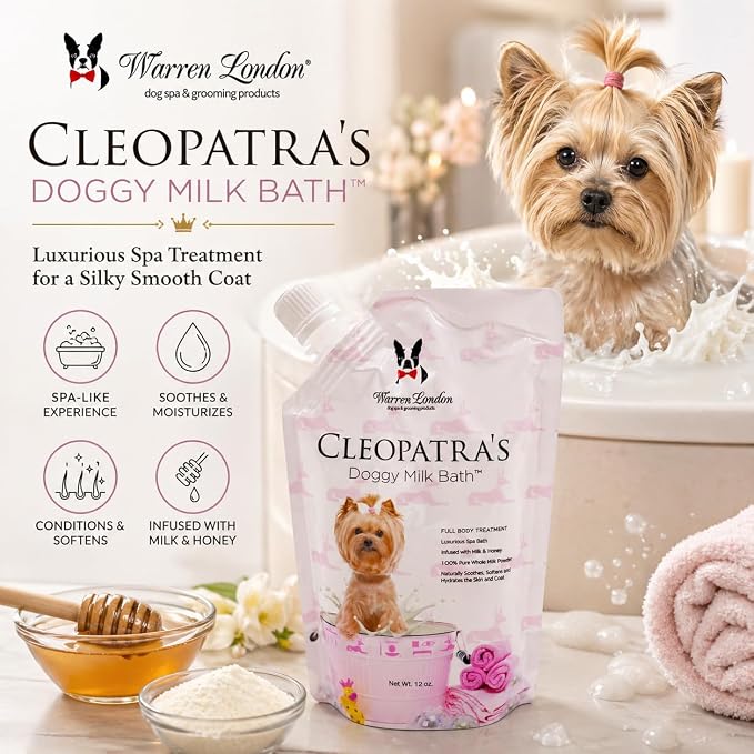 Warren London Cleopatra's Doggy Milk Bath | Luxurious Dog Shampoo and Conditioner w/Whole Milk Powder and Honey for Silky Smooth Coat | Use as a Full Bath Soak or Spray On Dog Shampoo | 12oz