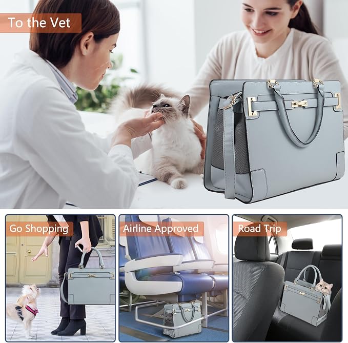 Fashion Dog Purse Carrier for Small Dogs and Cats with 2 Large Pockets PU Leather Pet Carrier Cat Carrier TSA Airline Approved Puppy Kitten Purse Carrier for Travel Hiking Road Trip, Grey