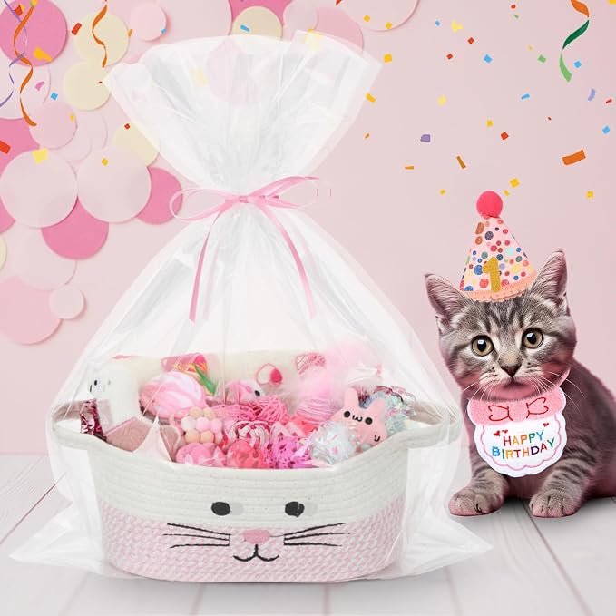 Zopeal 38 Pcs Graduation Cat Toy Set Interactive Cat Toys Pack Including Cats Gift Basket Feather Teaser Wand Plush Gift Outfit Mice Crinkle Balls and Pet Bell Balls, Puzzle for Indoor(Pink)