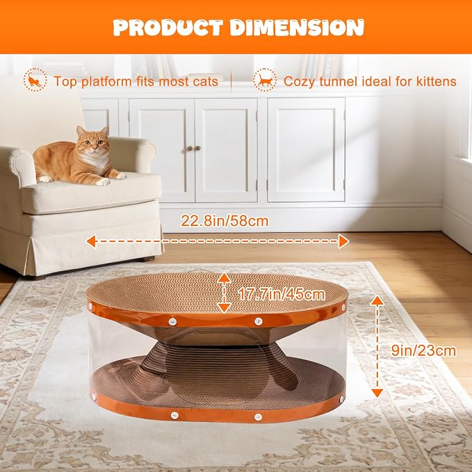 Homegroove Cat Scratcher Bed with Transparent Tunnel, 2-in-1 Cat Bed & Cardboard Scratcher for Indoor Cats, Multi-Level Cat Furniture with Curved Lounger and Play Tunnel (Wood, Regular)