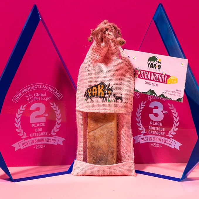 Yak9 Cheese Dog Chews, High Protein Treats, Natural, Rawhide Free, Long Lasting with Vitamins & Minerals, Medium Size, Strawberry, 7 PC, 1lb