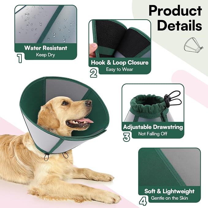 Queenmore Large Dog Cone, Dog Cones for Large Dogs, Comfy Cone Collar Alternative After Surgery, Comfortable Recovery E-Collar for Pets to Stop Licking Wound Healing (Dark Green,XL)