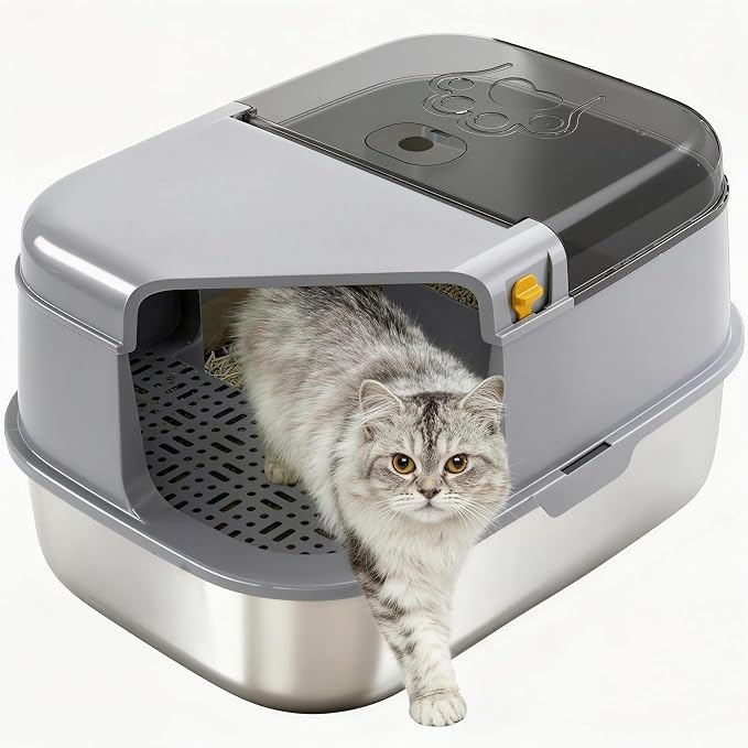 3-in-1 Convertible Cat Litter Box, ABS + Stainless Steel Pan, Enclosed Low Entry High Sided Box with Litter Trapping Grid, 23.1x16.93x14.1 Inch, for Senior Kittens & Large Cats（Grey）