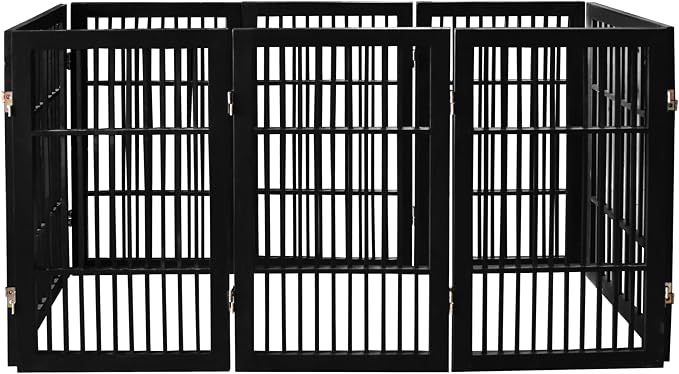 Urnporium Pet Dog Gate Freestanding, Strong Durable Folding Wooden Fence, Portable Acacia Hardwood Safety Barrier for Indoor & Outdoor Use (Black Pet Gate, 8 Panel 30" Tall)