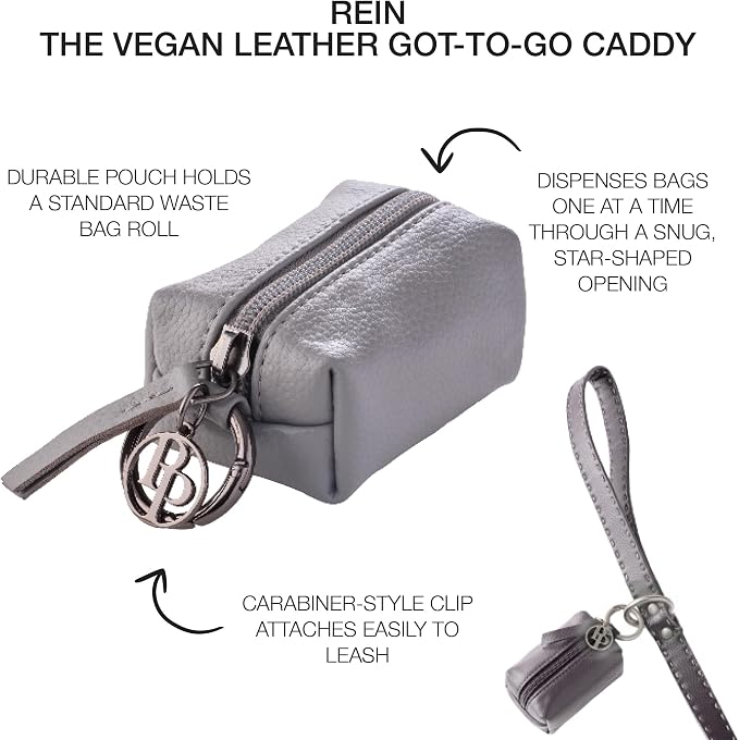 Rein - The Recycled Vegan Leather Pouch Durable Heavy Duty Bag Holder, Leash Attachment Made With Sustainable Materials, Custom Hardware for Small, Medium & Large Dogs, Gray