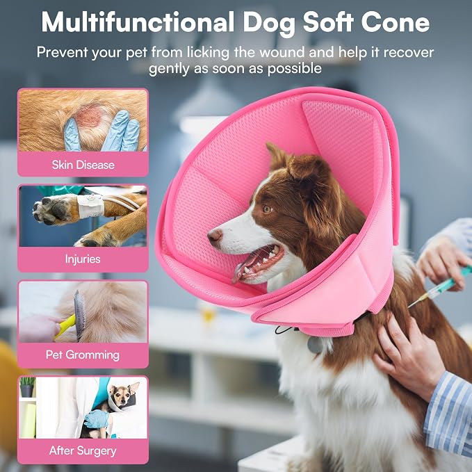 Queenmore Soft Dog Cone Collar,Comfortable Dog Cones for Medium Dogs/Cats to Stop Licking After Surgery,Comfy Cone for Dogs, Neuter Recovery Ecollars of Shame Alternatives,Pink,M