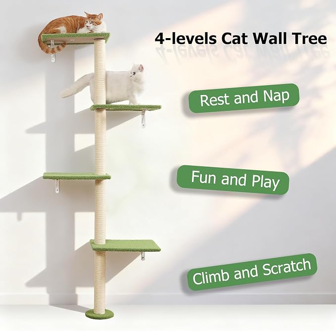 Cat Tree Wall Mounted,Tall Scratching Post for Indoor Cats Climbing Tower Activity Wood Cat Wall Furniture(Green)