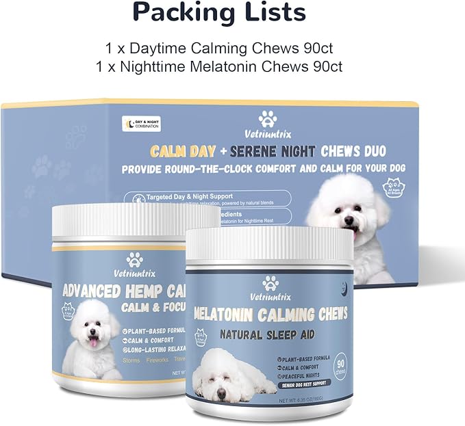 Dog Calming Chews with Melatonin Set, Dog Calming Soft Chews for Sleep, Fireworks, Storms, Thunder, Barking, Separation, 180 Count