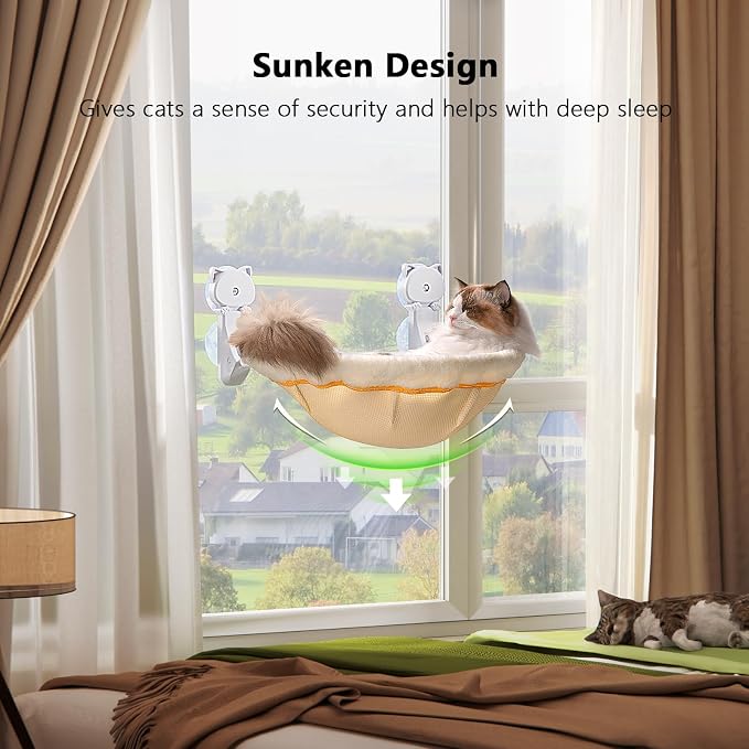 JUNSPOW Cat Window Perch Cordless, Foldable & Stable Cat Beds- Breathable Cat Window Hammock for Overlooking, Sunbathing and Climbing - Maximum Hold Up to 40lb