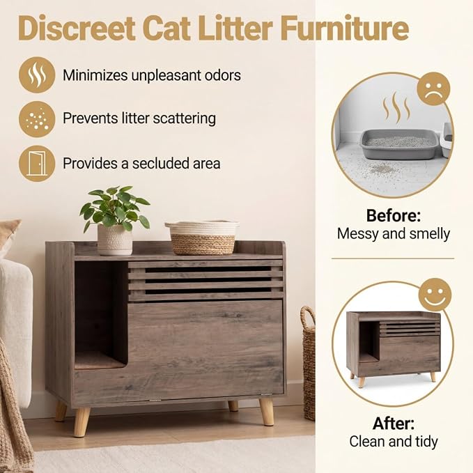 Tangkula Farmhouse Litter Box Enclosure, Cat Litter Box Furniture Hidden with Flip-Down Opening Door, Scratching Mat, 31.5 Inch Wooden Cat Washroom Side Cabinet with Storage for Indoor Cats (Brown)