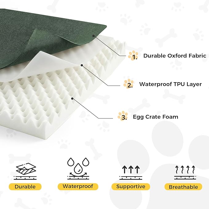 Outdoor Dog Bed Large Sized Dog, Waterproof Extra Large Dog Bed, 47x29x3.5 Inch, Orthopedic Dog Bed with Removable Washable Cover, Flat Rectangle Pet Crate Pad for Kennel, Outside, Dark Green