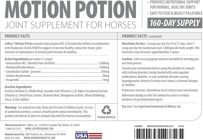 Jeffers Motion Potion Horse Joint Supplement Pellets – Glucosamine HCL, MSM, Chondroitin, Hyaluronic Acid, Vitamin C & E, Daily Equine Support for Senior & Active Horses – 10 lbs, 160 Day Supply