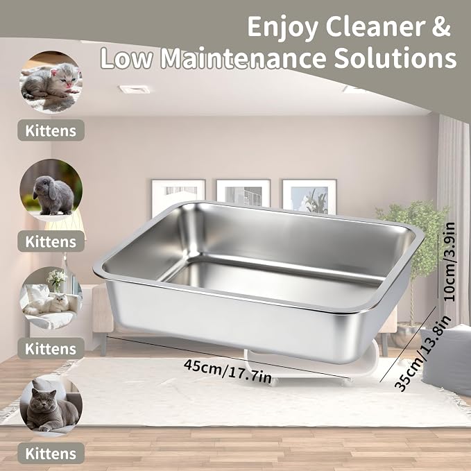 Stainless Steel Cat Sifting Litter Box 17.5" x 13.5" x 4" - Metal High Sided Open Top Litterbox Odor Control Non-Clumping with Scoop Litter Mat Trash Bag, Anti-Leakage, Less Tracking, Easy Cleaning