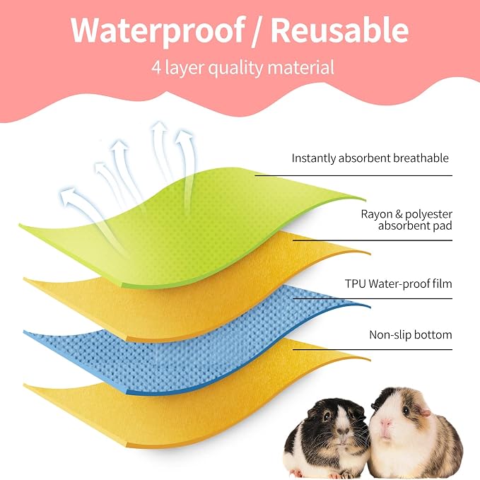 2 Packs Fleece Guinea Pig Cage Liner Washable, Waterproof & Anti Slip Guinea Pig Fleece Cage Liners Super Absorbent Reusable Guinea Pig Bedding Pee Pads Accessories