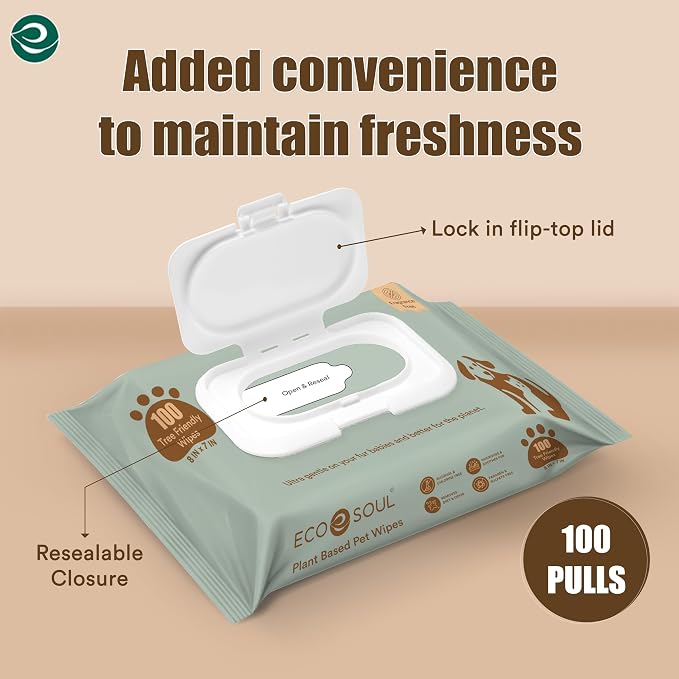 ECO SOUL Pet Wipes for Dogs & Cats, Unscented Large Cleaning Wipes with Aloe Vera & Jojoba Oil | (100 Count Each, Pack of 4)