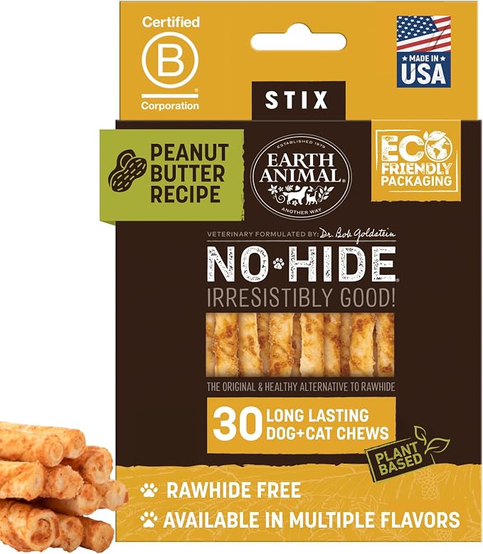 Earth Animal No Hide Stix - Long Lasting Rawhide Free Small Dog Chews Sticks, Peanut Butter - 30 Count