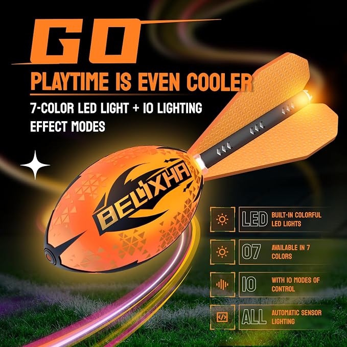 Glow in The Dark Football with Tail | Rechargeable Light Up Foam Ball for Kids 3+ | Motion-Activated LED Outdoor Toy for Night Backyard Games & Camping (Black)