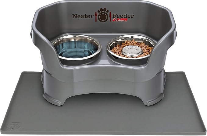 Neater Pets Neater Feeder Deluxe Mess-Proof Slow Feed Bowl & Water Bowl with Neater Mat Waterproof Silicone Mat - Protect Floors from Food & Water, Gunmetal