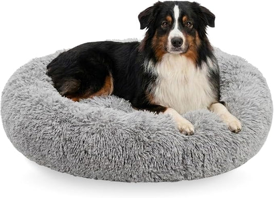 Active Pets Calming Plush Dog Bed Donut Joint Support Anxiety Relief Washable Pet Bed with Removable Cover for Dogs Cats, Large 36", Light Grey