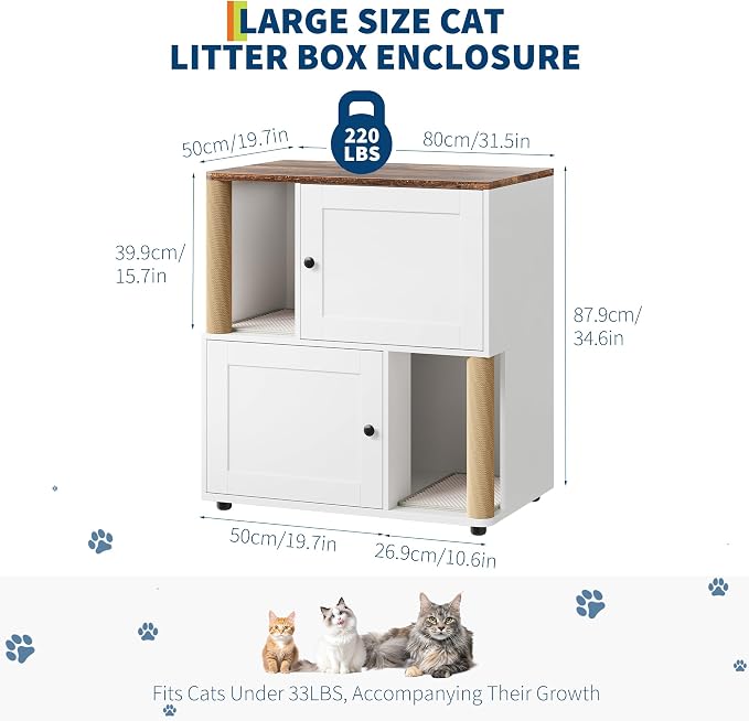 Patikuin Double Cat Litter Box Enclosure for 2 Cats – Hidden Cabinet, Dual Layers, 2 Mark Mats, Sisal Marking Post, Dog-Proof Modern End Table –White