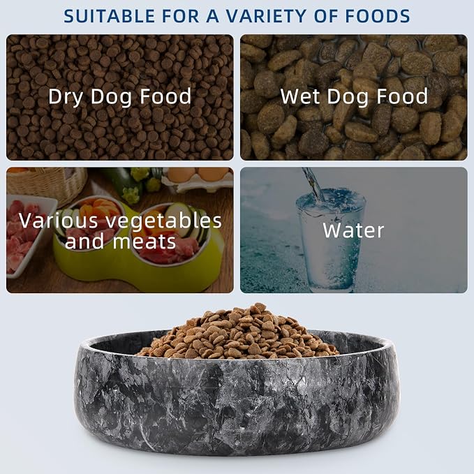 Marble Dog Bowl Natural Heavy Duty Pet Bowls Non-Slip Cat Food Water Bowl Stone Dish (Dark Grey, Large)