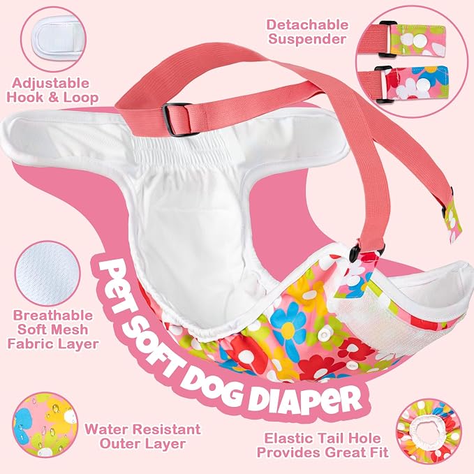 Pet Soft Dog Diapers Female with Suspenders, 3 Pack Reusable Female Dog Diapers for Heat, Dog Period Panties for Doggie in Cycle(Medium, Bear Brown)