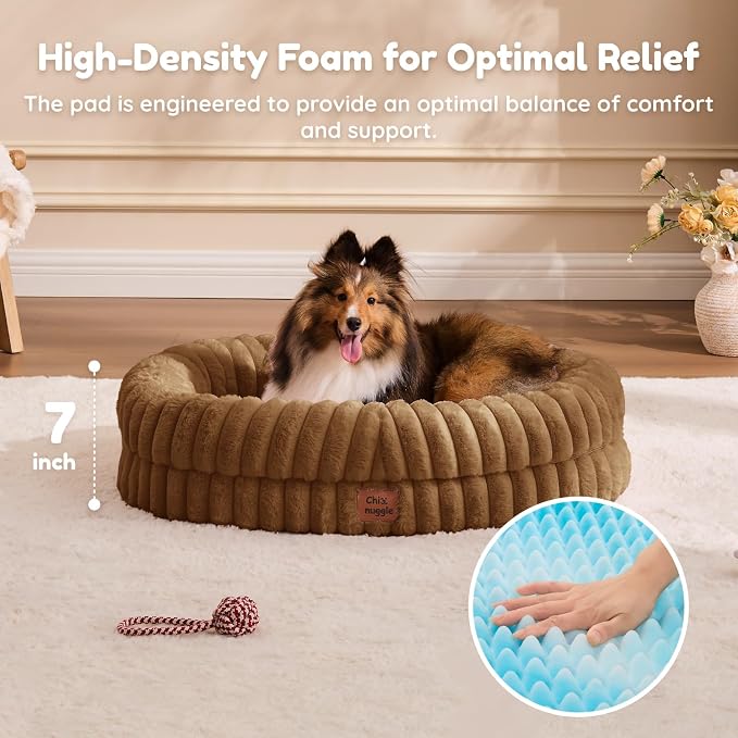 ChiXnuggle Orthopedic Dog Bed for Medium Dogs, Waterproof Faux Rabbit Fur Dog Couch with Egg Crate Foam Support and Washable Removable Cover, Bolster Pet Sofa with Non-Slip Bottom, 30x24x7, Brown