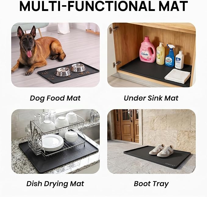 YINEYA Silicone Dog & Cat Food Mat Waterproof 22" x 14", Raised Edge Dog Bowl Mat for Food and Water, BPA-Free Non-Slip Pet Feeding Mats for Floors, Multifunctional Silicone Mat (Black)