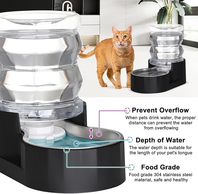 RIZZARI Black 4L Gravity Pet Water Dispenser with Stainless Steel Bowl - Activated Carbon & Ion Exchange Filter to Soften Water & Reduce Odor, Supports Urinary Health, for Garden or Study Room
