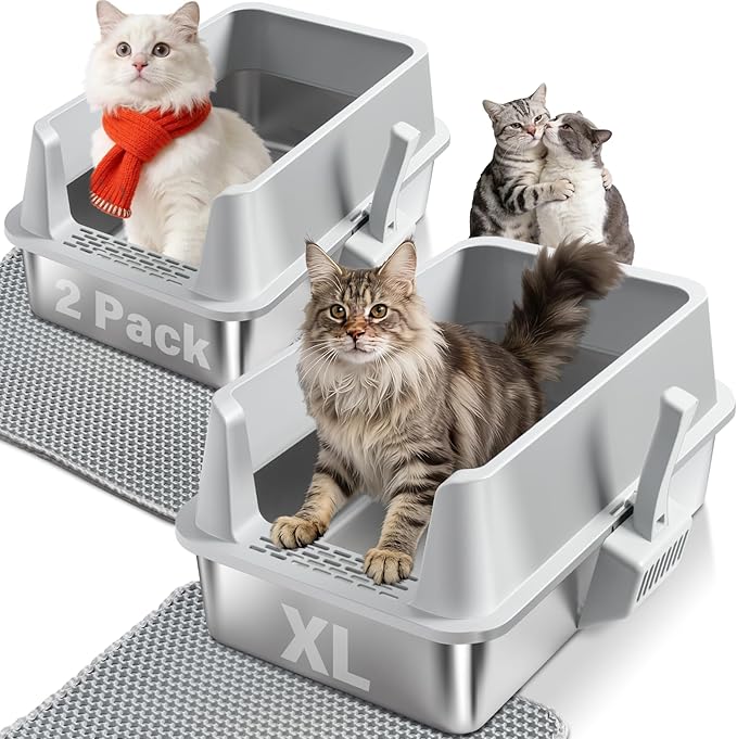 2PACK Stainless Steel Cat Litter Box with High Sides Lid, Extra Large Litter Boxes for Big Cats, XL Metal Kitty Litter Box, Anti-Urine Leakage, Non-Sticky, Easy Cleaning, Include Mat & Scoop